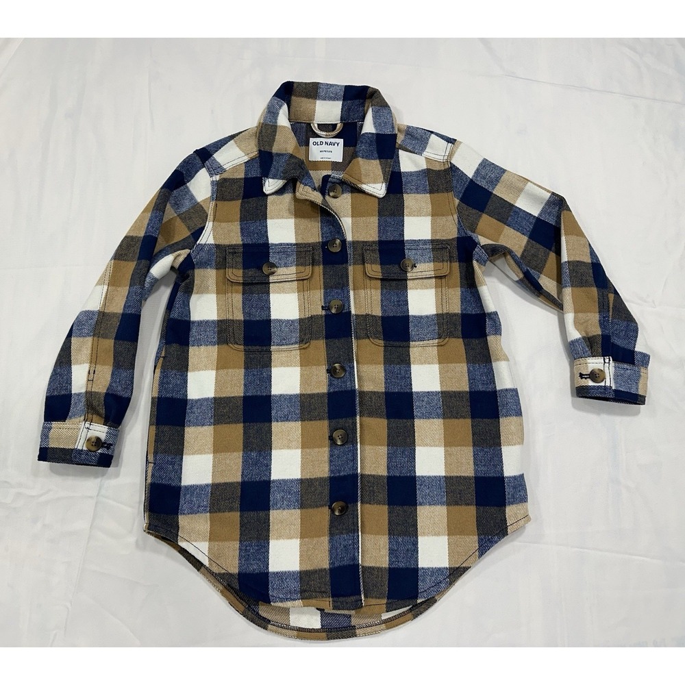 Old Navy Womens Shacket Blue Carmel Plaid XS Petite Flannel Button Up Jacket
